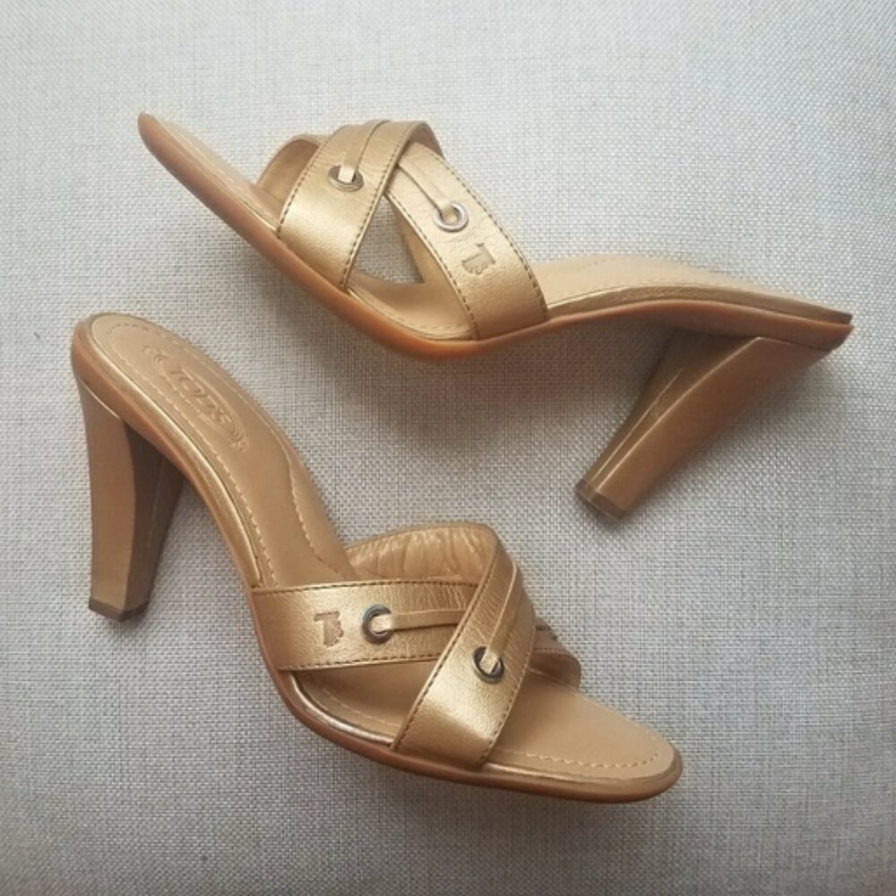Tod's Leather Criss Cross Sandals Heels Gold 5.5 Summer Y2K Coastal Luxury Party